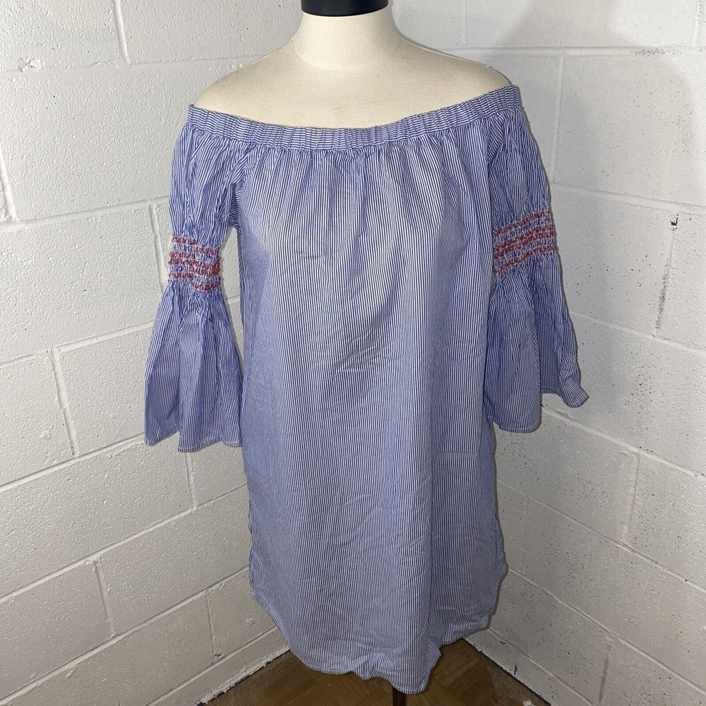Flying tomato off shoulder‎ pocket tunic smock bell sleeve blue dress size M D2